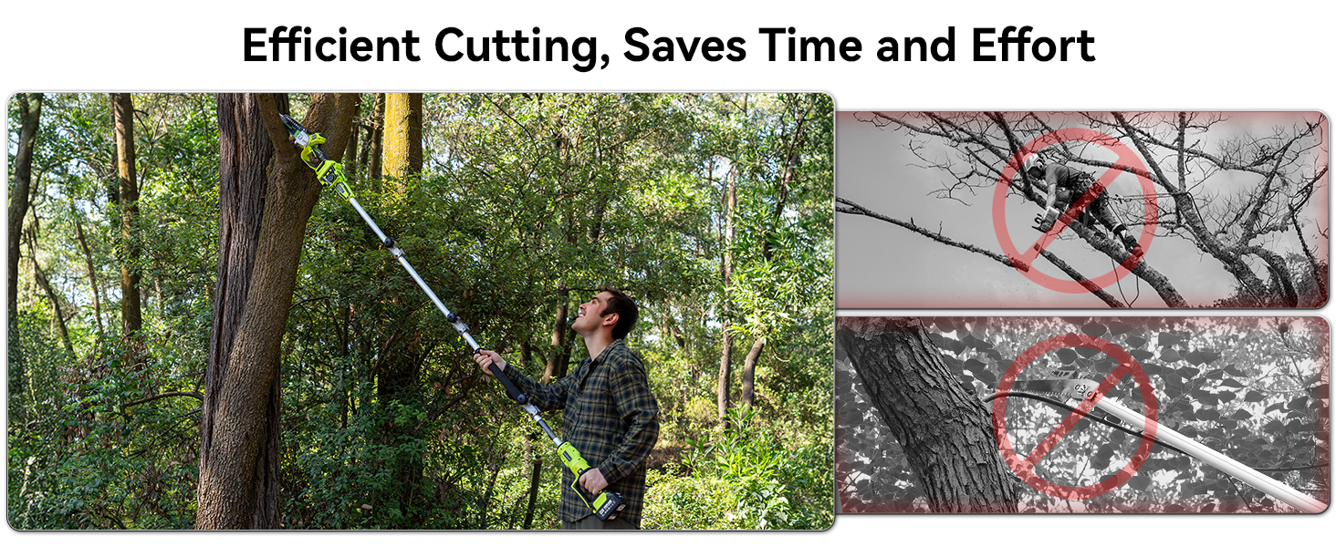 Le texte indique « Découpe efficace, gain de temps et d'efforts ». Démonstration d'une scie à perche utilisée pour couper des branches d'arbres, avec des images rapprochées supplémentaires montrant les zones de coupe marquées en rouge.