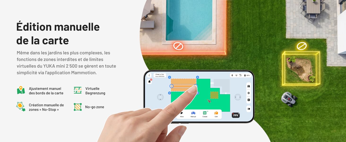 Le texte se lit comme suit : « Edition manuelle de la carte ». Captures d'écran montrant l'interface cartographique et les fonctionnalités d'édition sur les écrans des appareils mobiles, illustrant les fonctionnalités basées sur la localisation.