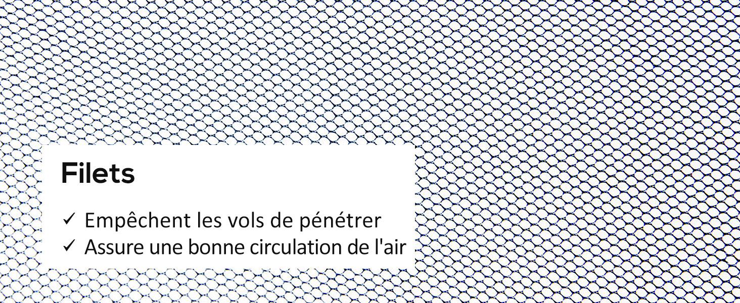 Gros plan d'un filet métallique à motif hexagonal. Le texte en français le décrit comme des « filets » qui empêchent le vol et assurent une bonne circulation de l'air.