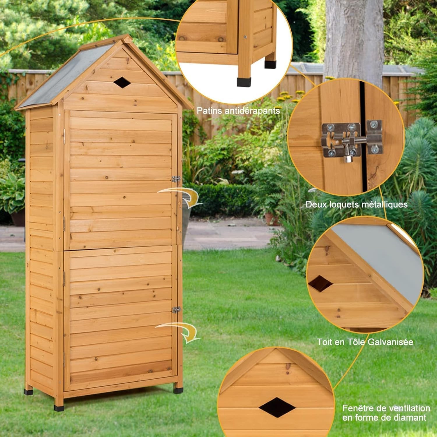 RELAX4LIFE - abri jardin bois - 80x45x177 cm - 5 étagères, porte verrouillable, toit galvanisé