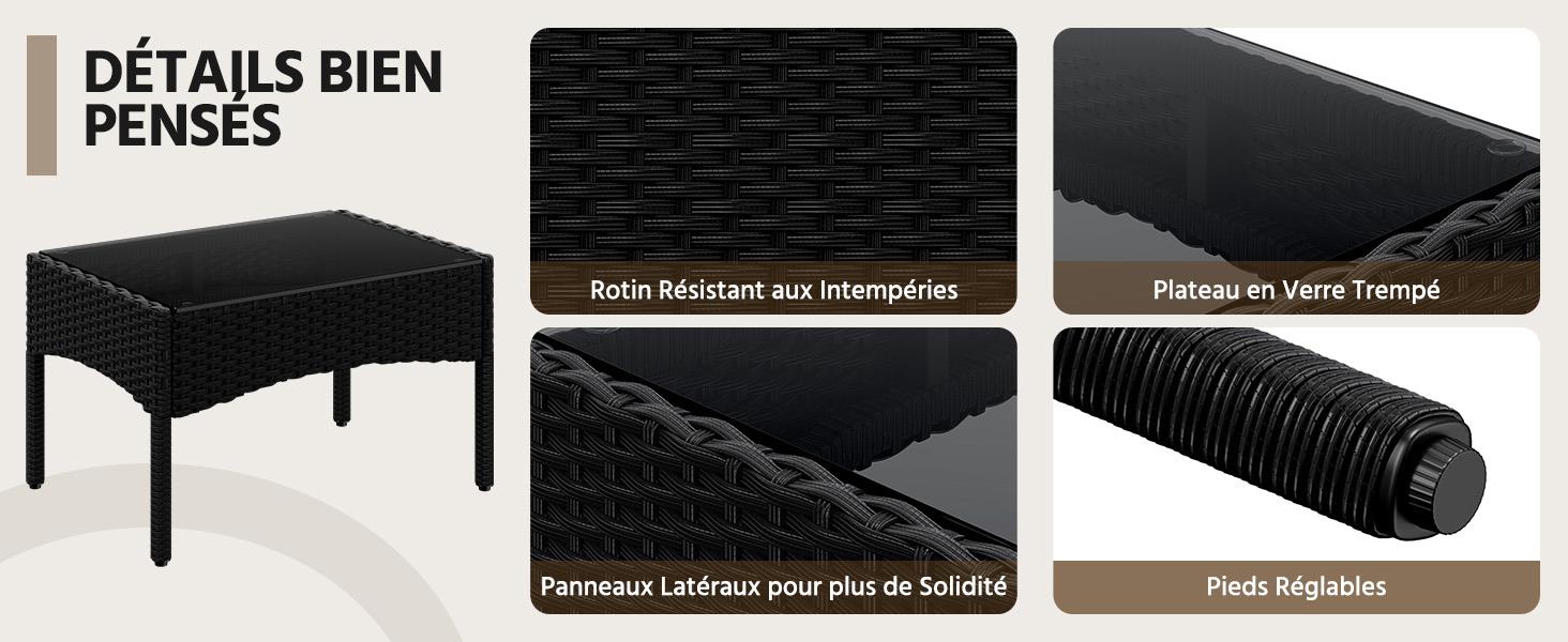 Le texte se lit comme suit : « DÉTAILS BIEN PENSÉS ». Plusieurs images montrant des meubles noirs, y compris des solutions de table et de rangement avec des légendes de texte en français.