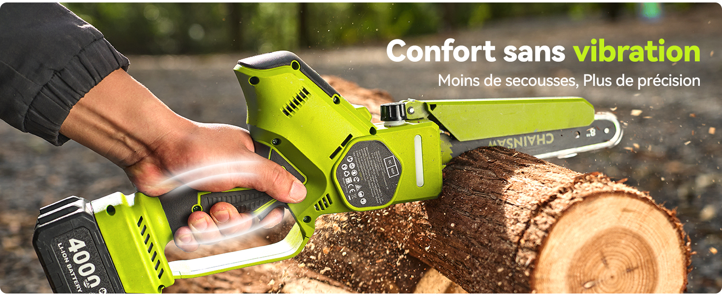 Le texte indique « Confort sans vibration ». Outil électrique vert à haute visibilité utilisé pour couper du bois.