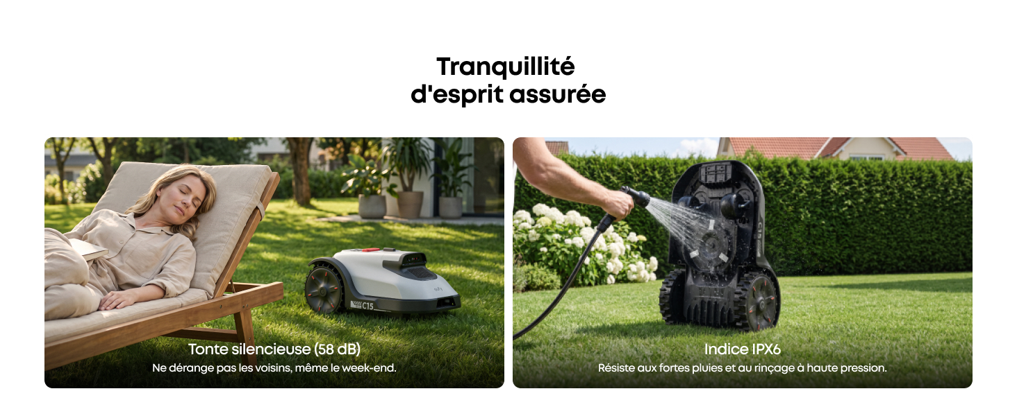 Le texte indique « Trampoline » et « d'argent neuserait ». Deux panneaux divisés montrant l'installation extérieure d'un trampoline dans un jardin.