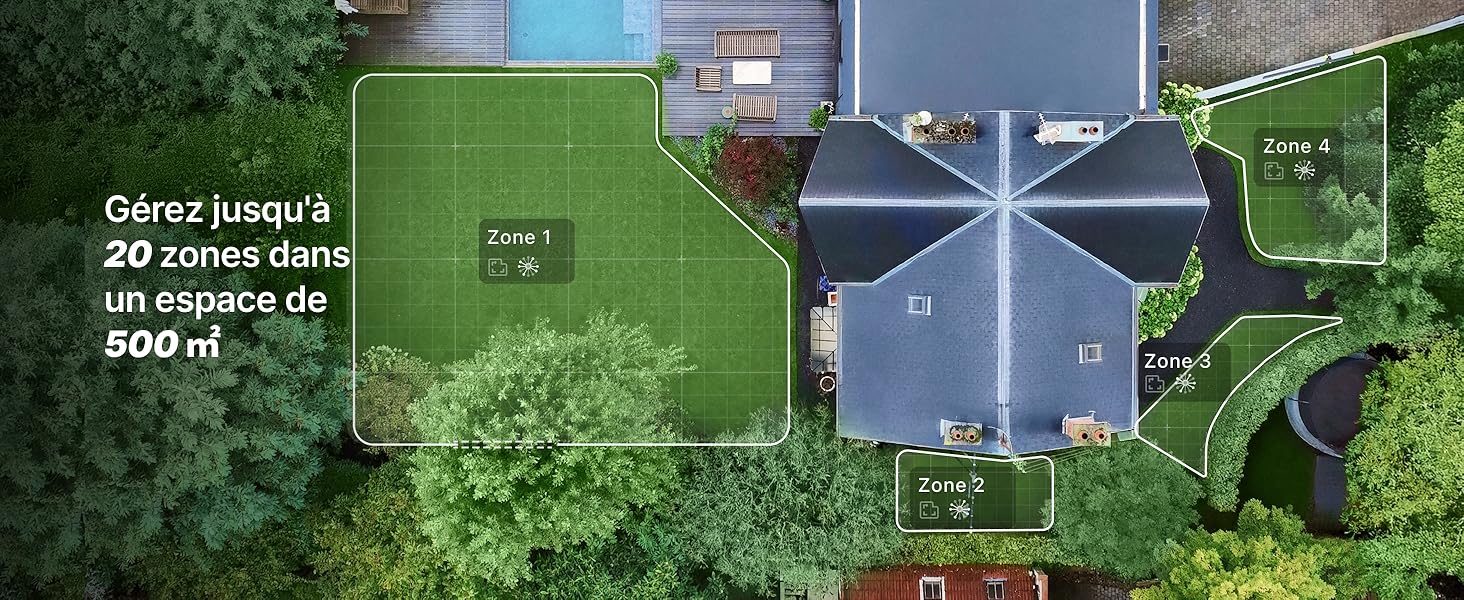 Le texte se lit comme suit : « Bon moment, 3 dimensions, avec style » Vue aérienne d'un plan architectural ou d'un plan du site montrant un plan de bâtiment en forme de croix avec un aménagement paysager vert.