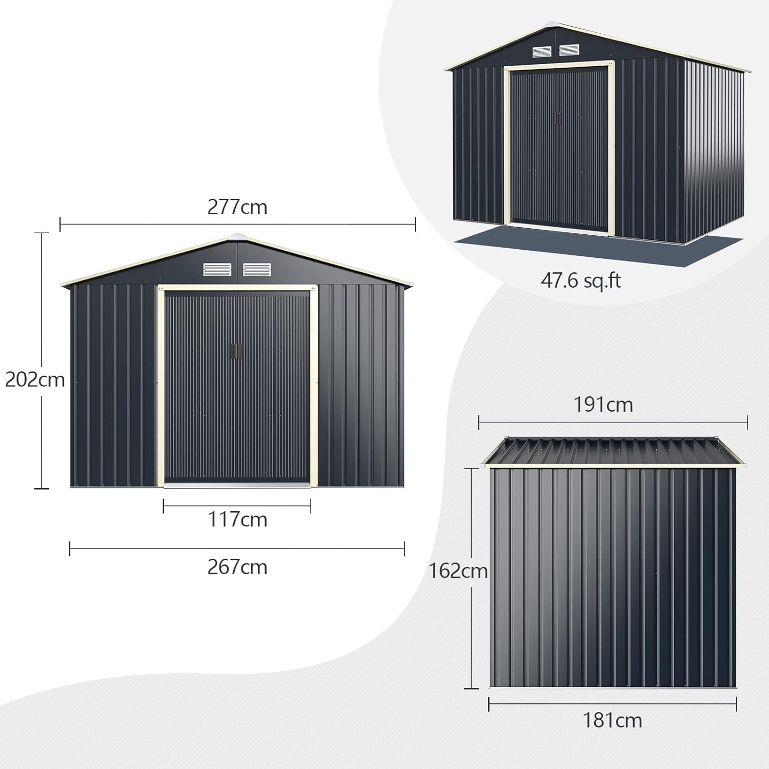 RELAX4LIFE Abri de Jardin Métal 5m2 avec Porte Coulissante Toit en Pente, Cabane de Jardin Extérieur 277x192x202cm Bricolage Rangement Cananon de Jardin résistant aux intempéries