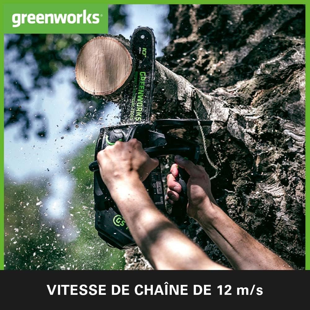 Greenworks GD40TCS Tronçonneuse à Batterie Top Poignée Moteur Sans Balais, Longueur Guide-Chaîne 10 Pouces (25 cm), Vitesse de Chaîne 12m/s, 2,4kg, Anti-rebond, SANS Batterie 40V Ni Chargeur