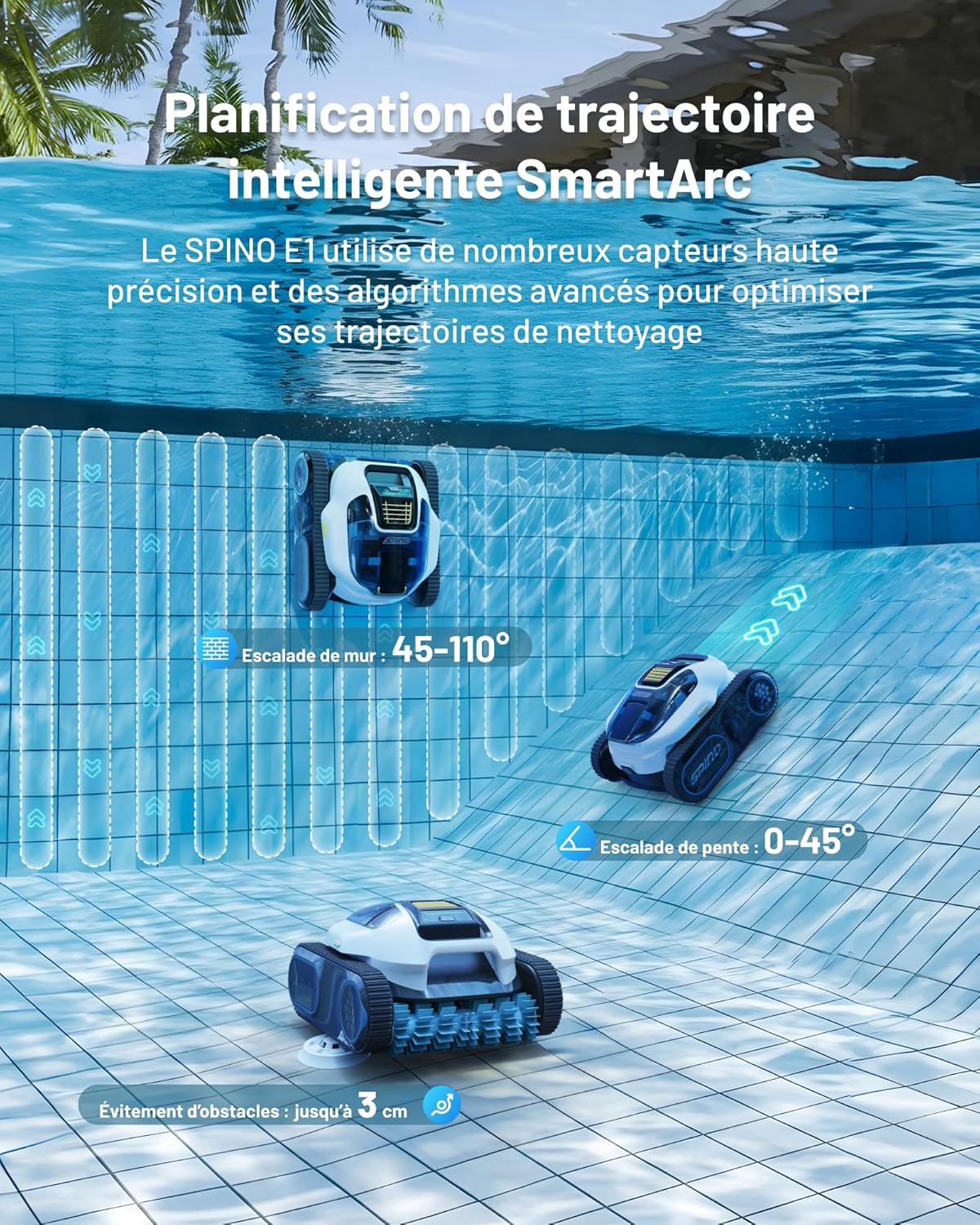 SPINO - E1 Robot piscine 150㎡, aspiration 21950 LPH, 210 min, 5 modes, E1