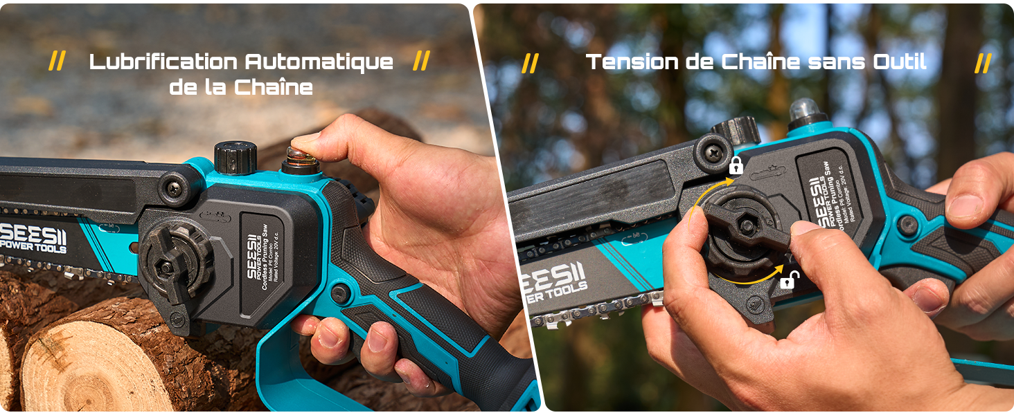 Deux mains tiennent et montrent un appareil photo numérique compact bleu et noir ou une caméra d'action sous différents angles sur un arrière-plan flou.