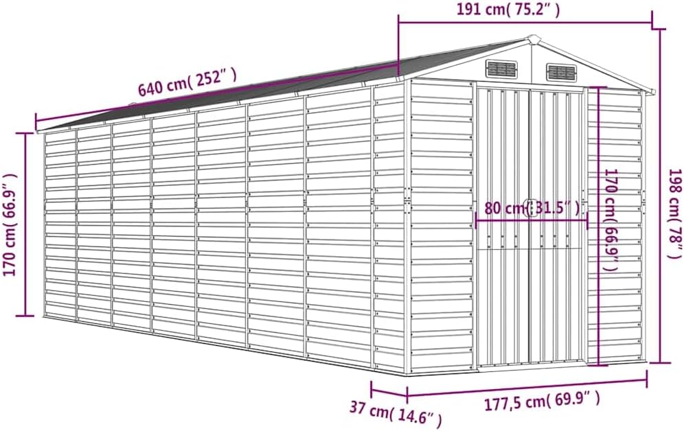vidaXL - Abri de jardin - 191x640x198 cm - Acier, toit incliné, vert