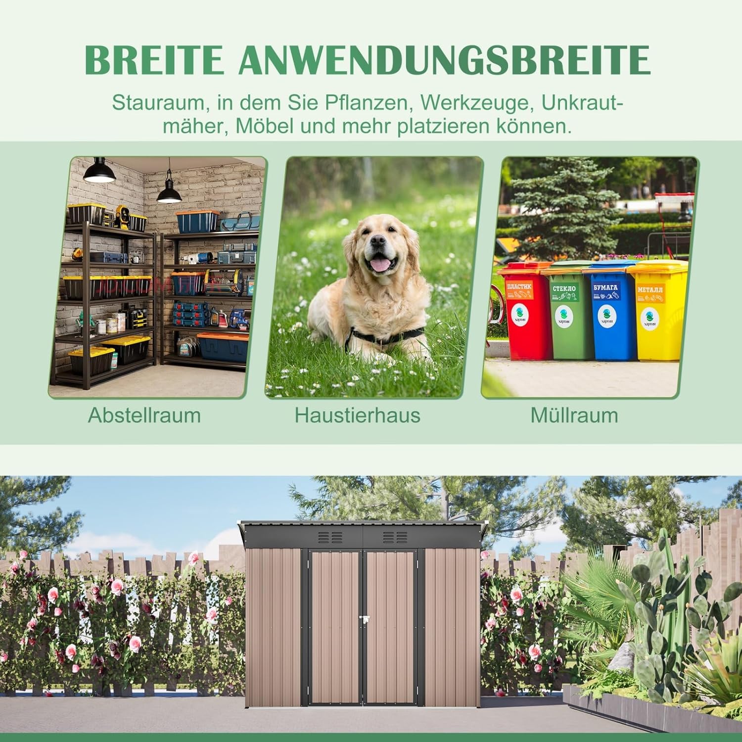 YEHTOKHOME 8x4 FT Abri de Jardin en Métal 242x126 cm, Abri de Jardin avec Toit Incliné, Portes Verrouillables et Fondation Métallique, Rangement Extérieur Étanche, Marron (8x4 FT)