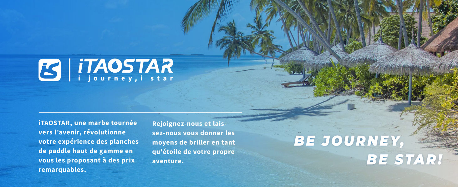 Le texte indique « ITAQSTAR » avec « BE JOURNEY, BE STAR ! » slogan. Scène de plage tropicale avec palmiers et océan en arrière-plan.