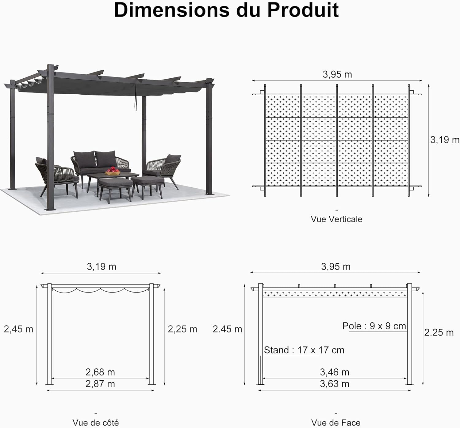 PURPLE LEAF - Pergola aluminium - 4x3,2m - LED, toit rétractable, toile teintée