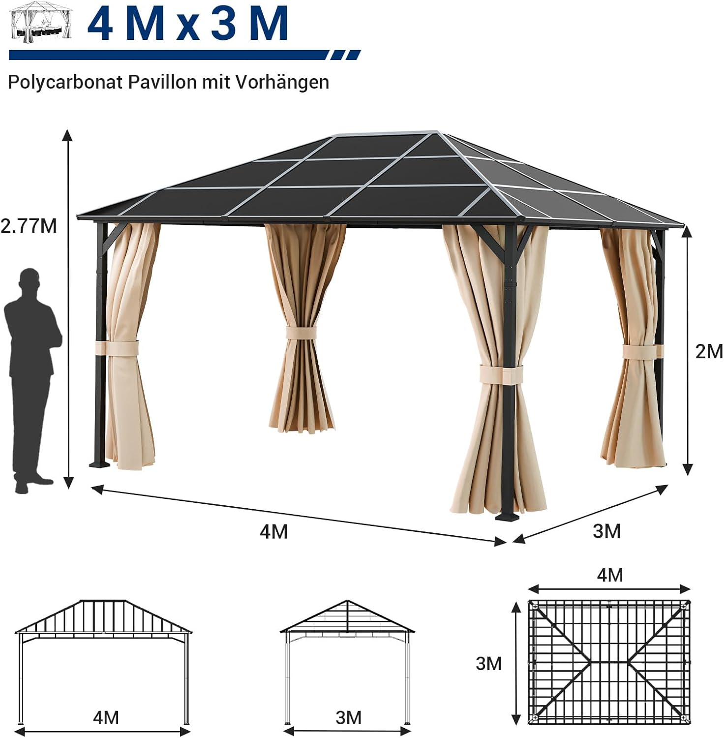UDPATIO - tonnelle imperméable 3x4m avec rideaux, toit UV - Beige