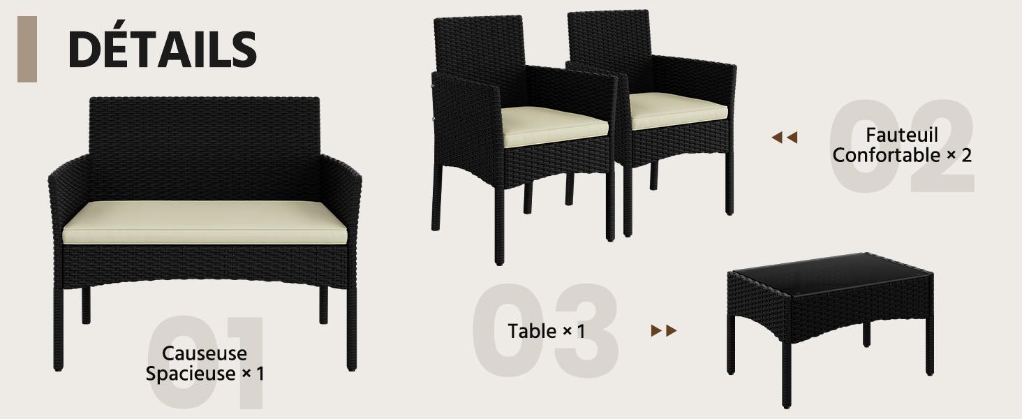 Le texte indique « DÉTAILS ». Schéma du produit montrant différentes vues de chaises de salle à manger et d'un ensemble de tables noirs, avec des instructions d'assemblage numérotées ou des caractéristiques.