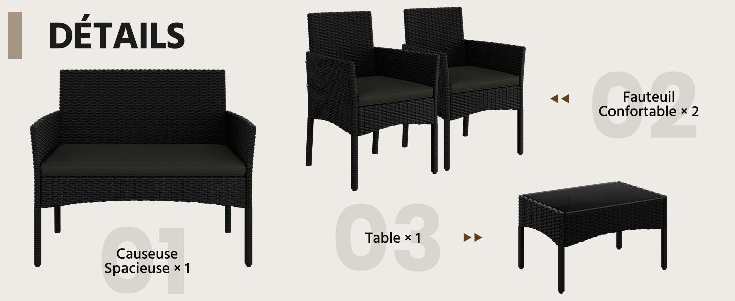 Le texte indique « DÉTAILS » et montre le schéma de disposition des meubles avec « Fauteuil ConfortableX2 » et « Table x1 ». Assise et disposition des tables rembourrées noires illustrées.