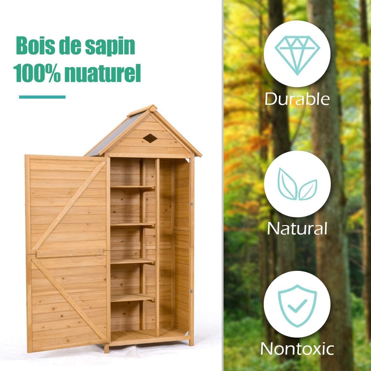 RELAX4LIFE - abri jardin bois - 80x45x177 cm - 5 étagères, porte verrouillable, toit galvanisé