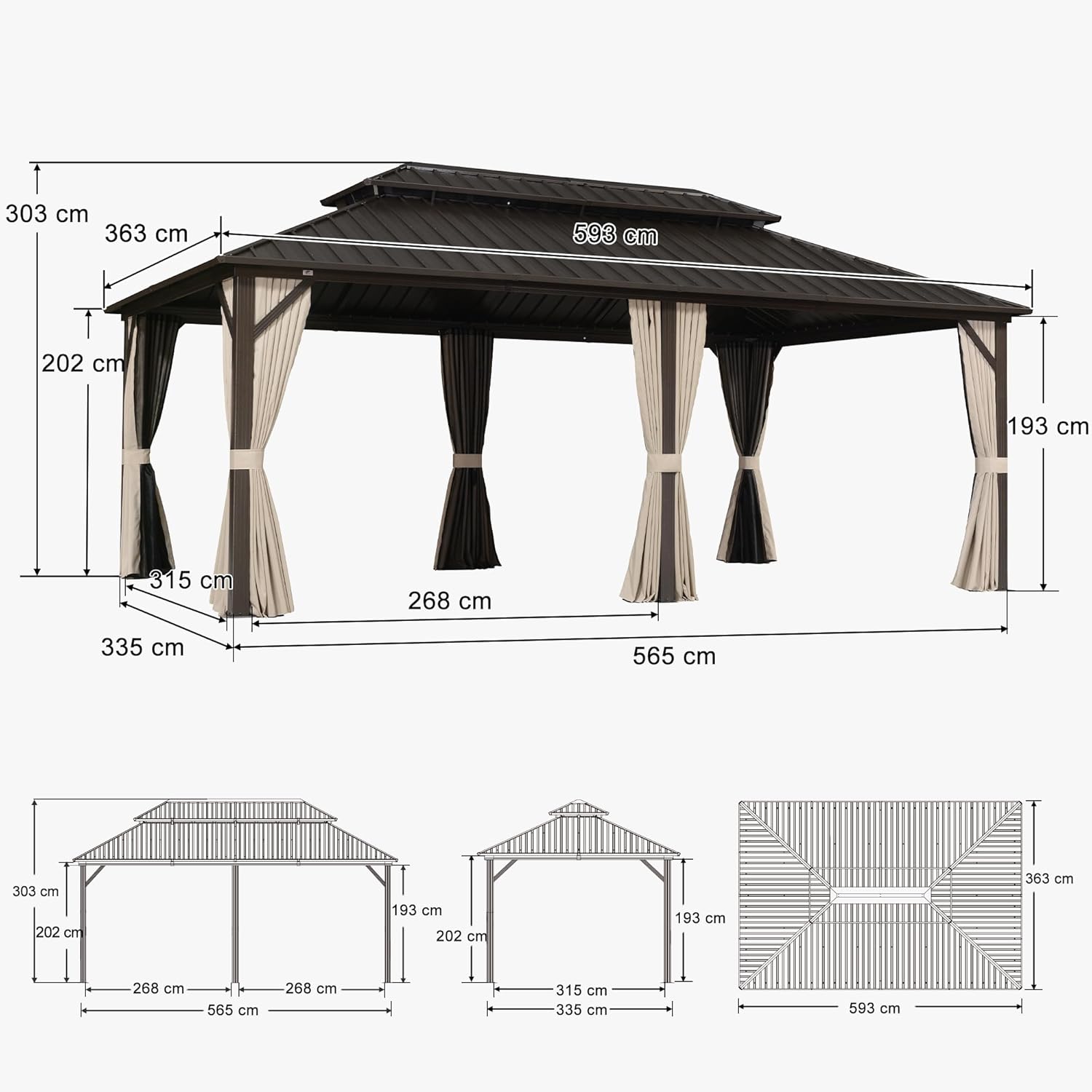 PURPLE LEAF - Pergola Jardin Double Toit 6x3,65m, alu, moustiquaire