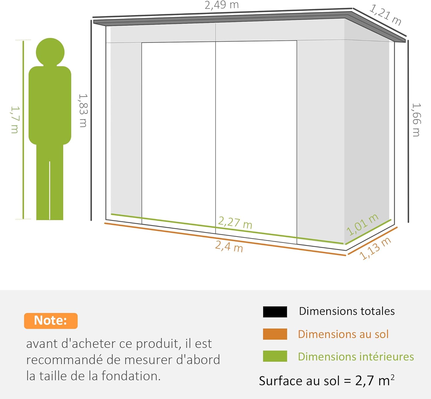 abri de jardin métal 3 m² - acier, portes verrouillables, aération, gants - 249x121x183 cm