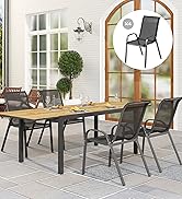 Configuration de mobilier de patio extérieur comprenant une table à manger en bois, des chaises en métal noir, des plantes en pot et un encart circulaire mettant en valeur le design de la chaise en maille noire.