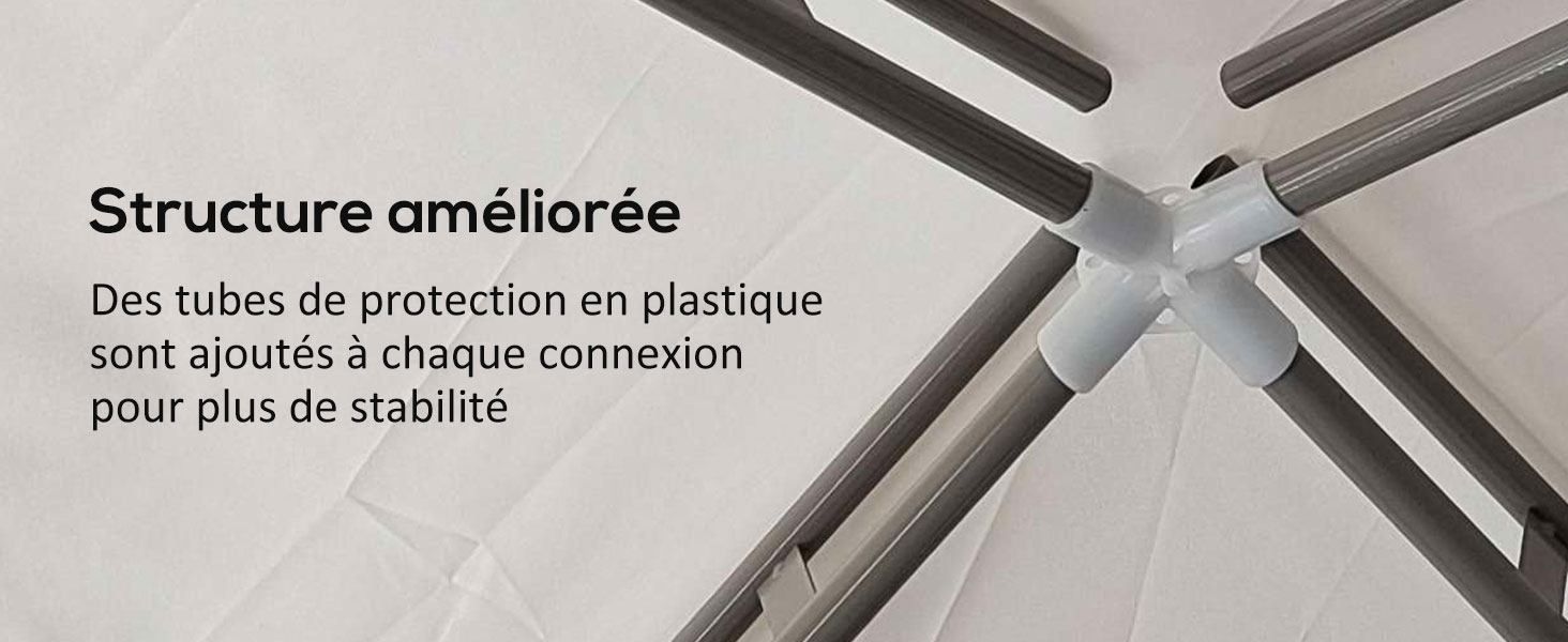 Gros plan du joint du cadre métallique avec des tubes de protection en plastique. Le texte en français décrit une structure améliorée pour une stabilité accrue.