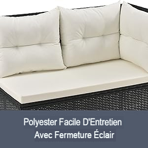 avec coussins blancs sur une base tissée foncée. Le texte indique un tissu en polyester facile d'entretien avec fermeture à glissière