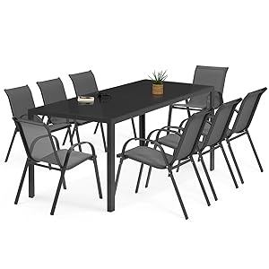 Salon de jardin table 190 cm et 8 chaises empilables