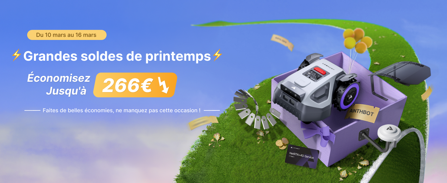 Le texte indique « Grandes soldes de printemps » et « 280€ ». Scène de style jeu vidéo montrant des personnages animés et un paysage avec superposition de texte promotionnel.