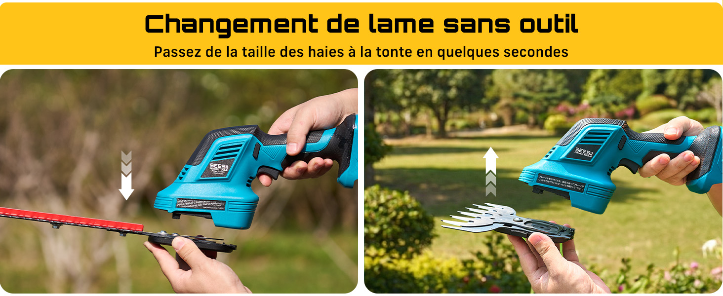 Le texte se lit comme suit : « Changement de lame sans outil » et « Fissure de la lame des filets à l'outil est difficile secondes ». Deux photos d'action côte à côte montrant le mécanisme de changement de lame sans outil sur un outil électrique bleu utilisé à l'extérieur.