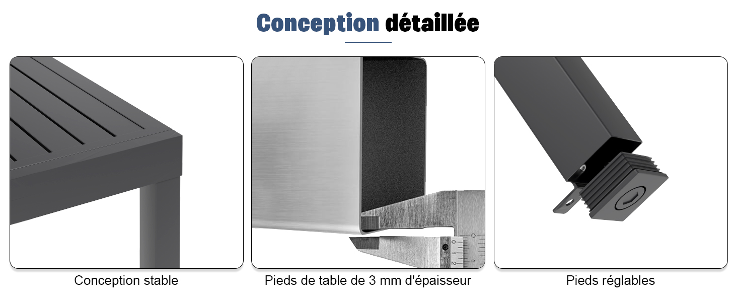 Image à trois panneaux présentant les détails d'un meuble en métal : une surface texturée, une construction métallique épaisse et des pieds réglables pour le nivellement. Texte français « Conception détaillée » visible.