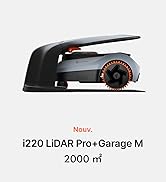 Le texte indique « i220 LiDAR Pro+Garage M » et « 2000 m² ». L'appareil électronique noir, représenté sous plusieurs angles, semble être un outil de numérisation ou de mesure.