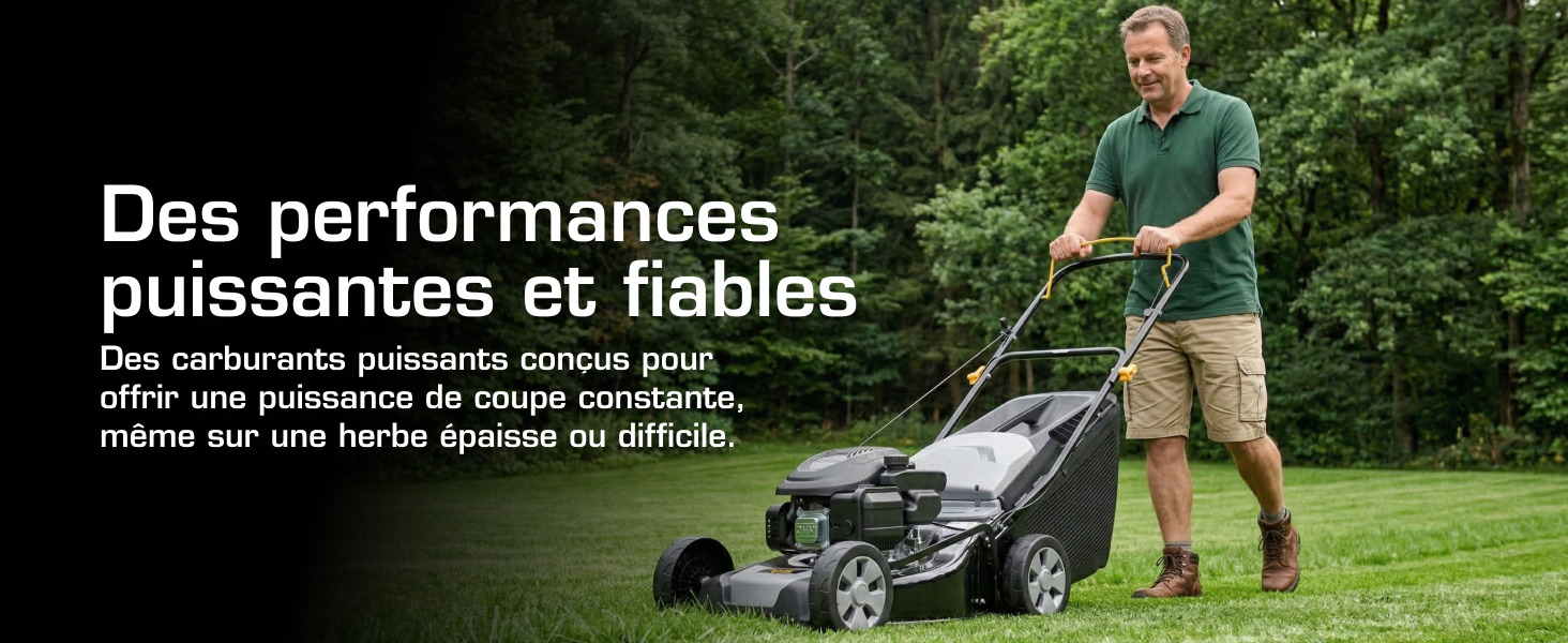 Le texte se lit comme suit : « Des performances puissantes et fiables ». Personne en chemise verte utilisant une tondeuse à gazon sur l'herbe avec des arbres en arrière-plan. Le slogan français indique des performances puissantes et fiables.
