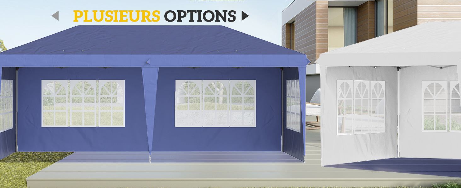 aux couleurs bleu et blanc. Le texte « PLUSIEURS OPTIONS » est visible. Plusieurs options de configuration sont présentées pour un abri extensible