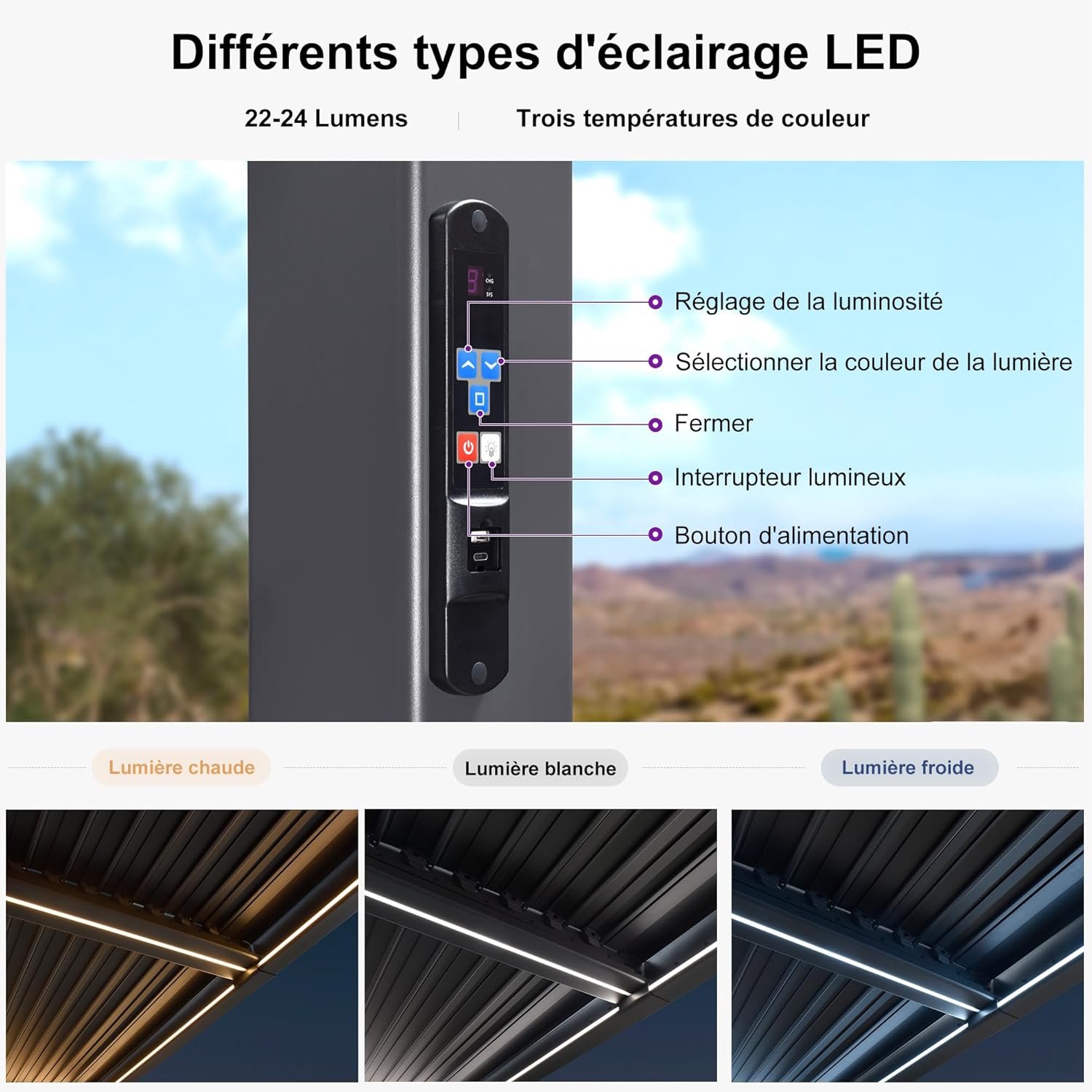 PURPLE LEAF - Pergola bioclimatique alu 4x4.6m, lames LED, durable