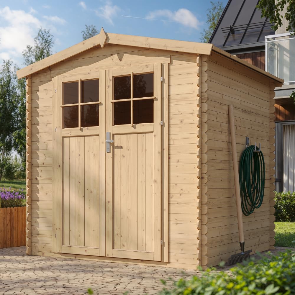 Abri de Jardin en Bois - Porte verrouillable de Haute qualité- Stockage extérieur I216xL206xH218 cm/ 3.53 m2 Petit abri à Outils, Local à vélos - Toit imperméable, fenêtres TIMBELA M343F