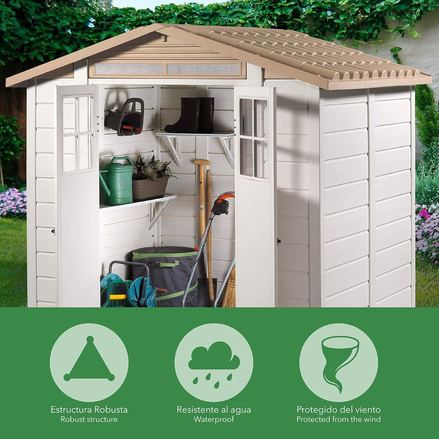 Abri de jardin résine 4 m², blanc/beige