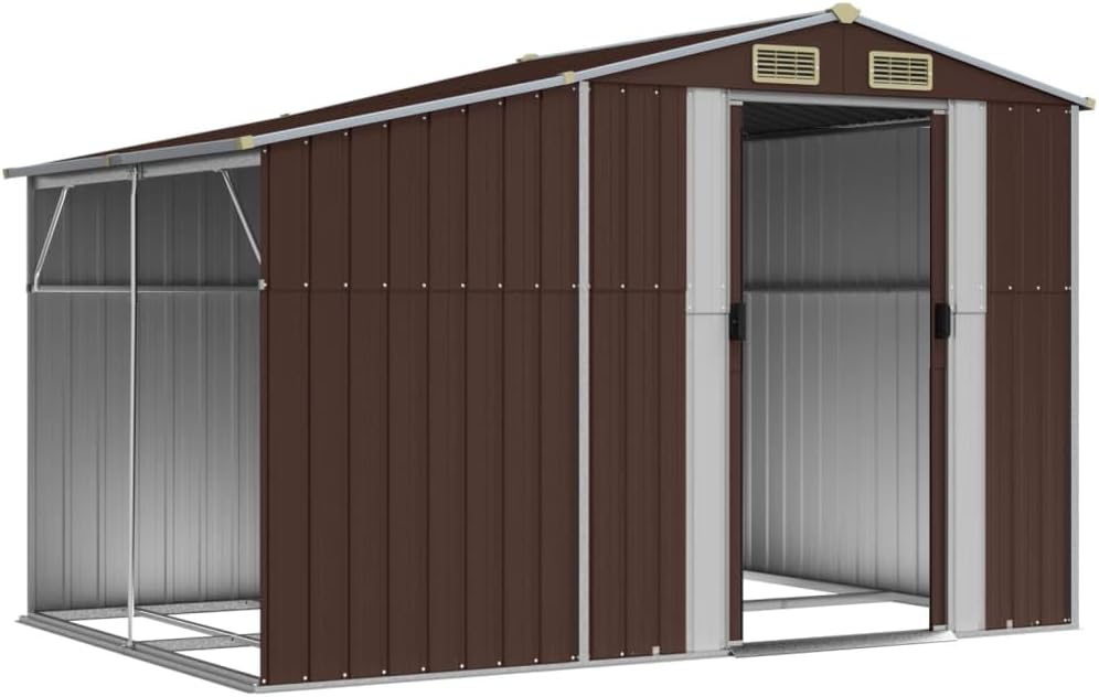 Abri de jardin acier galvanisé, 277x192,5x179cm, toit incliné, marron