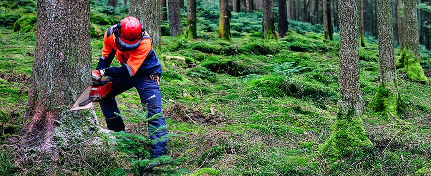 Personne portant un gilet de sécurité orange et un pantalon bleu accroupie dans une clairière entourée de végétation verte et d'arbres.