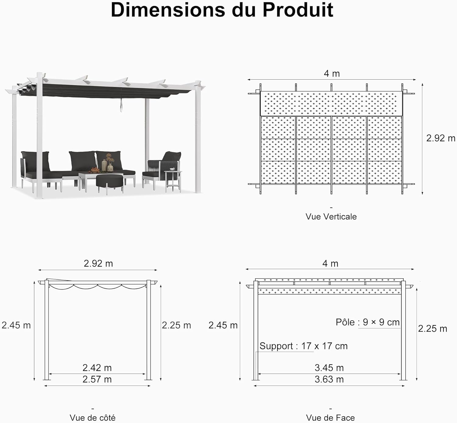 PURPLE LEAF - pergola aluminium - 4x3m - éclairage intégré, toit protégé, blanc/gris