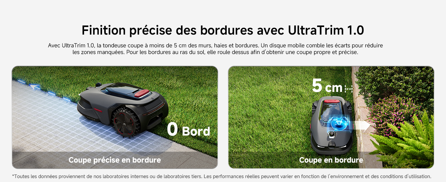 Le texte se lit comme suit : « Finition précise des bordures avec UltraTrim 1.0 ». Séquence d'images de paysages montrant une démonstration de taille de bordure de pelouse.