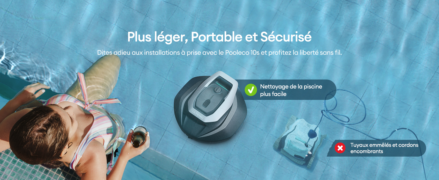 Le texte se lit comme suit : « Plus léger, portable et sécurisé ». Plusieurs vues de produits montrant un appareil bleu lié à la plongée avec embout buccal sur fond sous-marin.