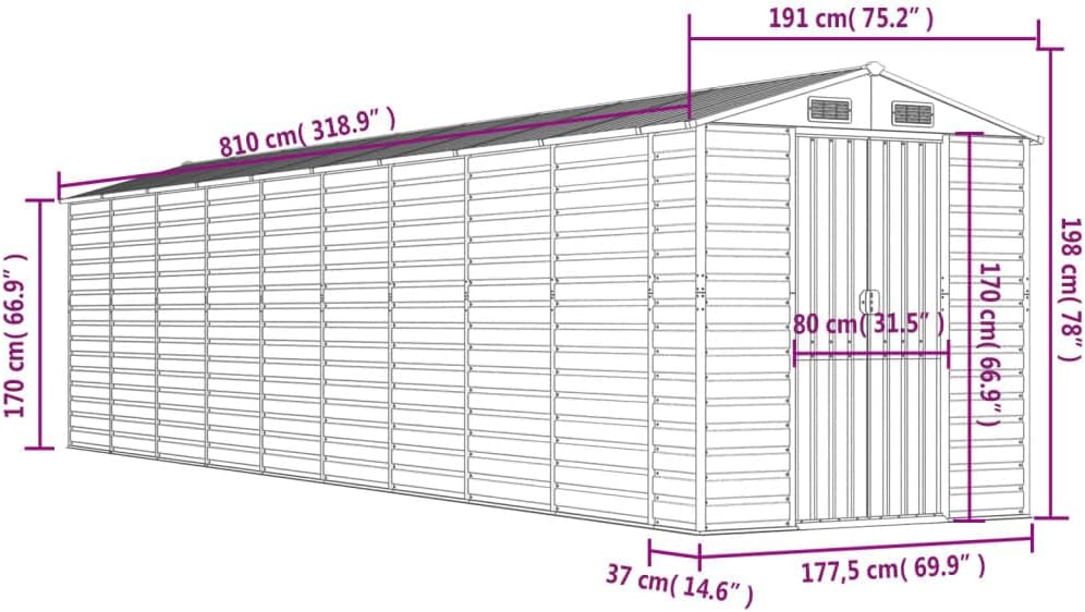 vidaXL - Abri de jardin inclinable - 191x810x198 cm - acier vert, handles