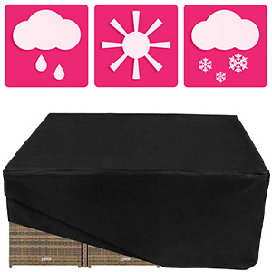 Trois icônes météorologiques dans des carrés roses : goutte de pluie, soleil et flocon de neige. Ci-dessous, une grande couverture rectangulaire noire ou une bâche posée sur une surface beige