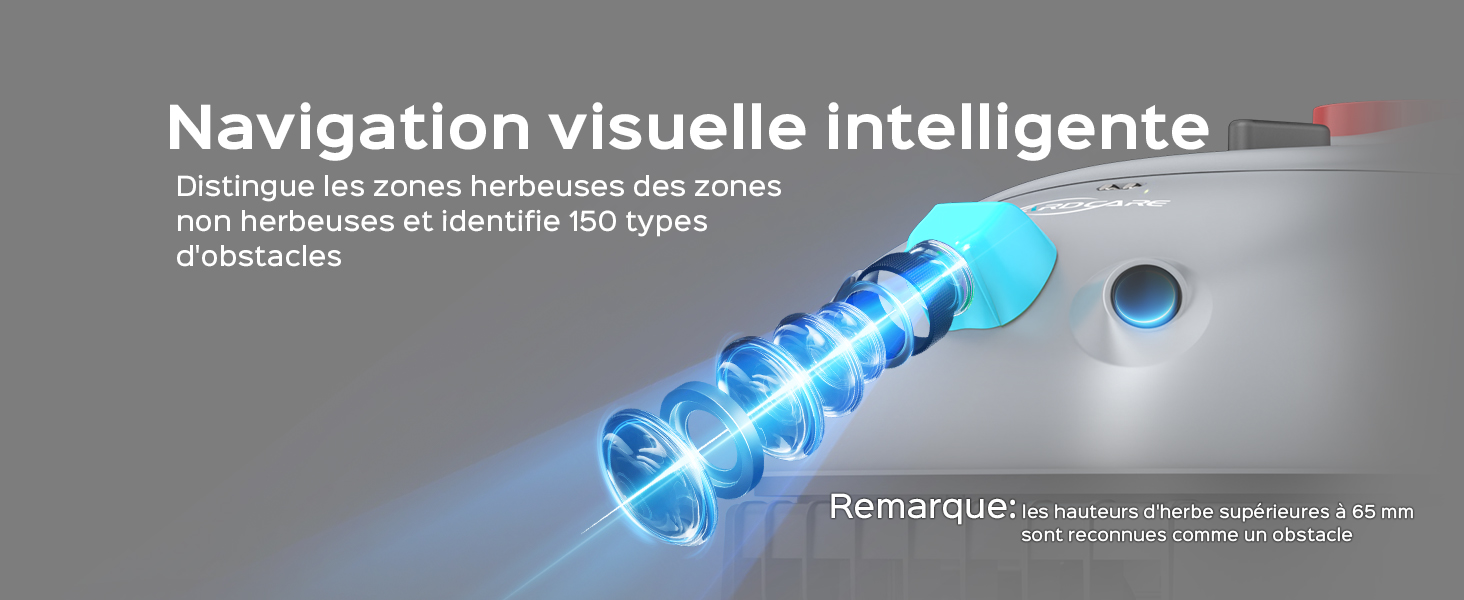 Illustration d'un capteur robotique avec des segments bleus brillants. Le texte décrit la « navigation visuelle intelligente » qui permet de distinguer les zones gazonnées des zones non gazonnées et d'identifier 150 types d'obstacles