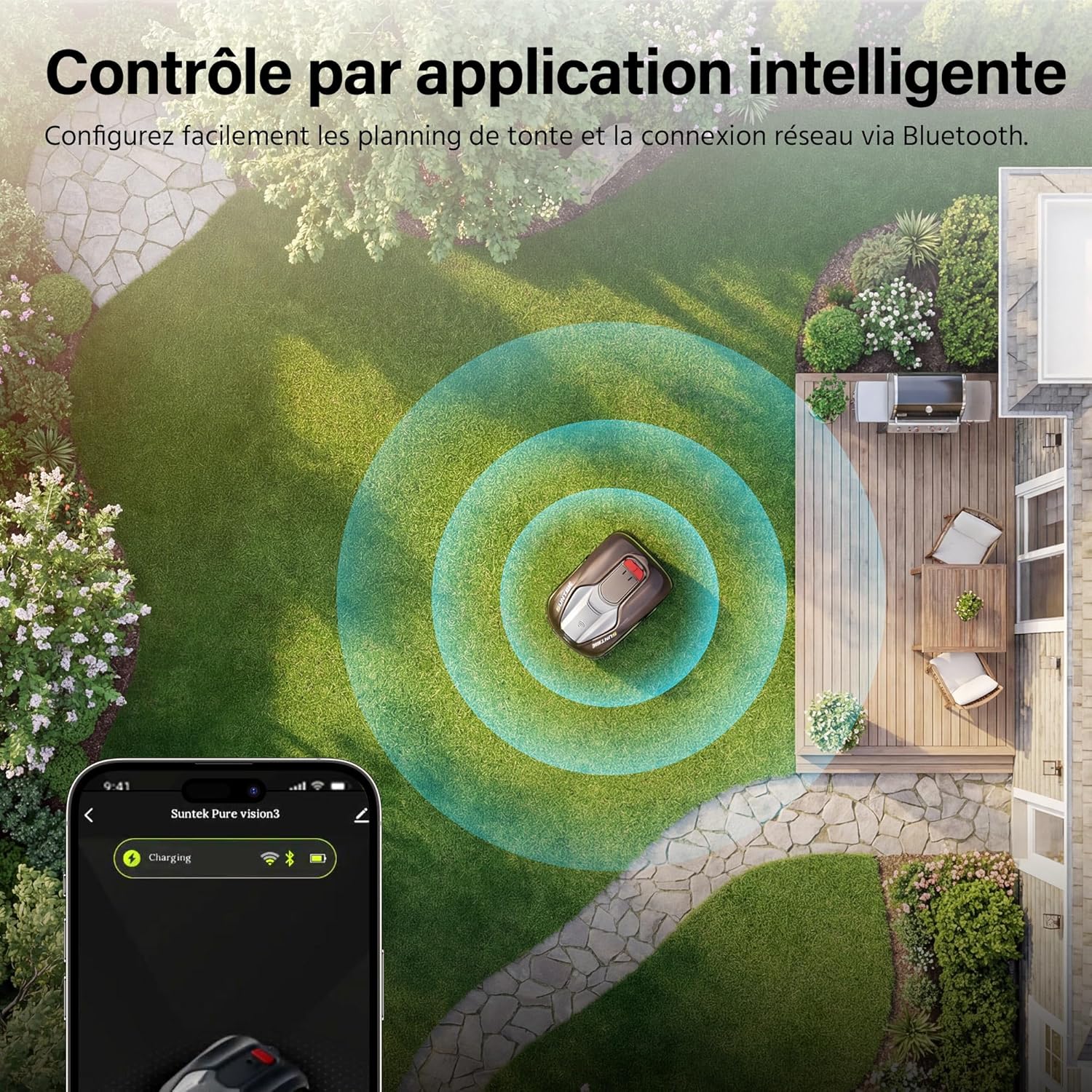 Suntek - robot tondeuse IA Vision - 500m² - pente 35°, IPX5, app, garage