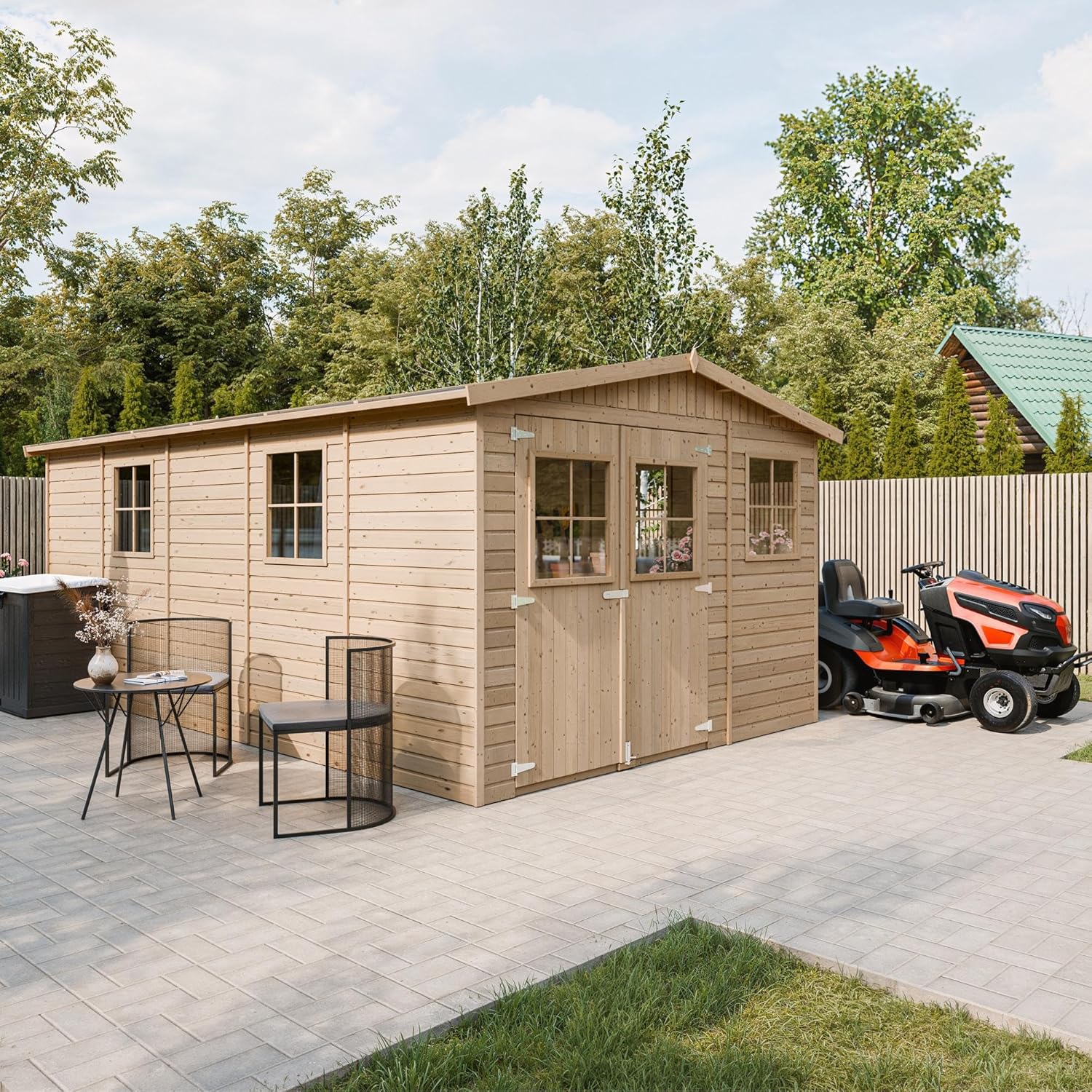 Abri de Jardin en Bois Naturel - Stockage extérieur avec fenêtres- H226x324x516 cm/15 m² Hangar en Bois Naturel - Atelier Rangement Outils et vélos- TIMBELA M337