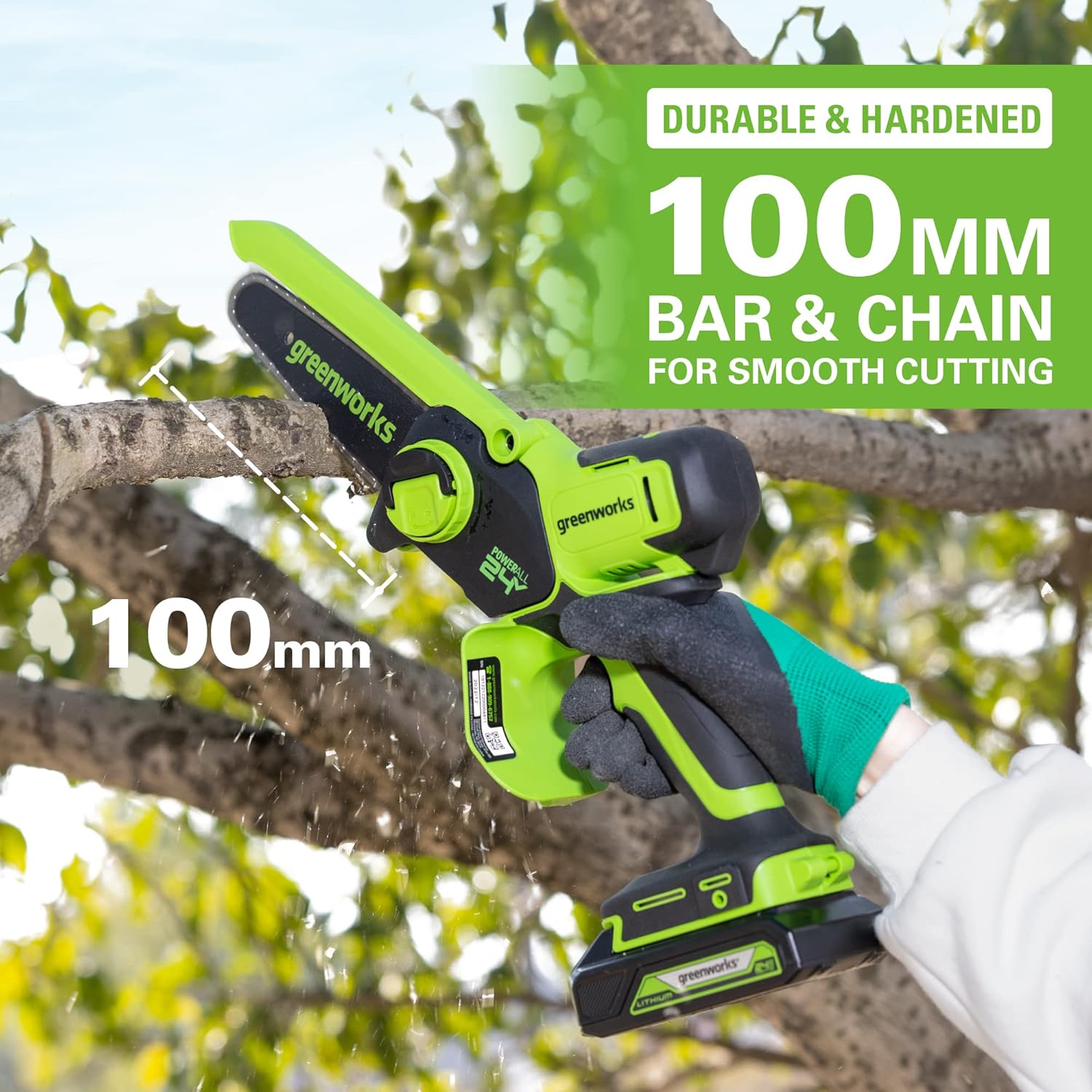 Greenworks - Mini tronçonneuse 24V - 10 cm - batterie 2Ah, 7,8 m/s