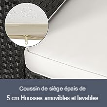 Gros plan d'un coussin blanc épais de 5 cm de profondeur. Le texte indique les housses amovibles et lavables.