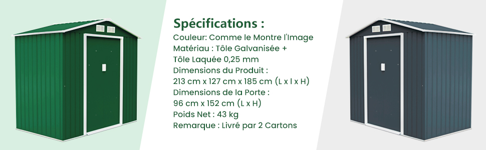 Liste de produits d'abris de jardin en métal vert montrant les spécifications et les dimensions en texte français, avec deux vues du produit côte à côte.