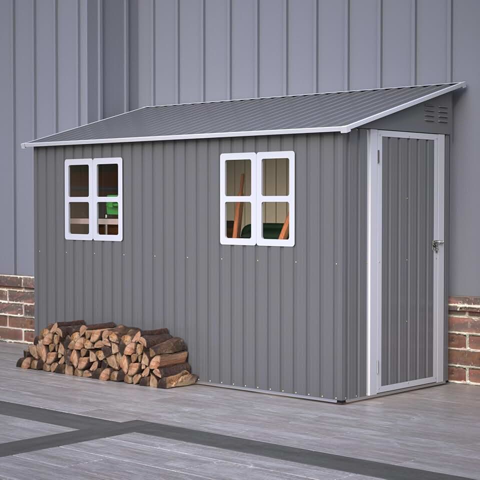 YEHTOKHOME - abri de jardin métal 4x10 FT, 291x110.8 cm, toit incliné, portes verrouillables, marron, YEHTOKHOME