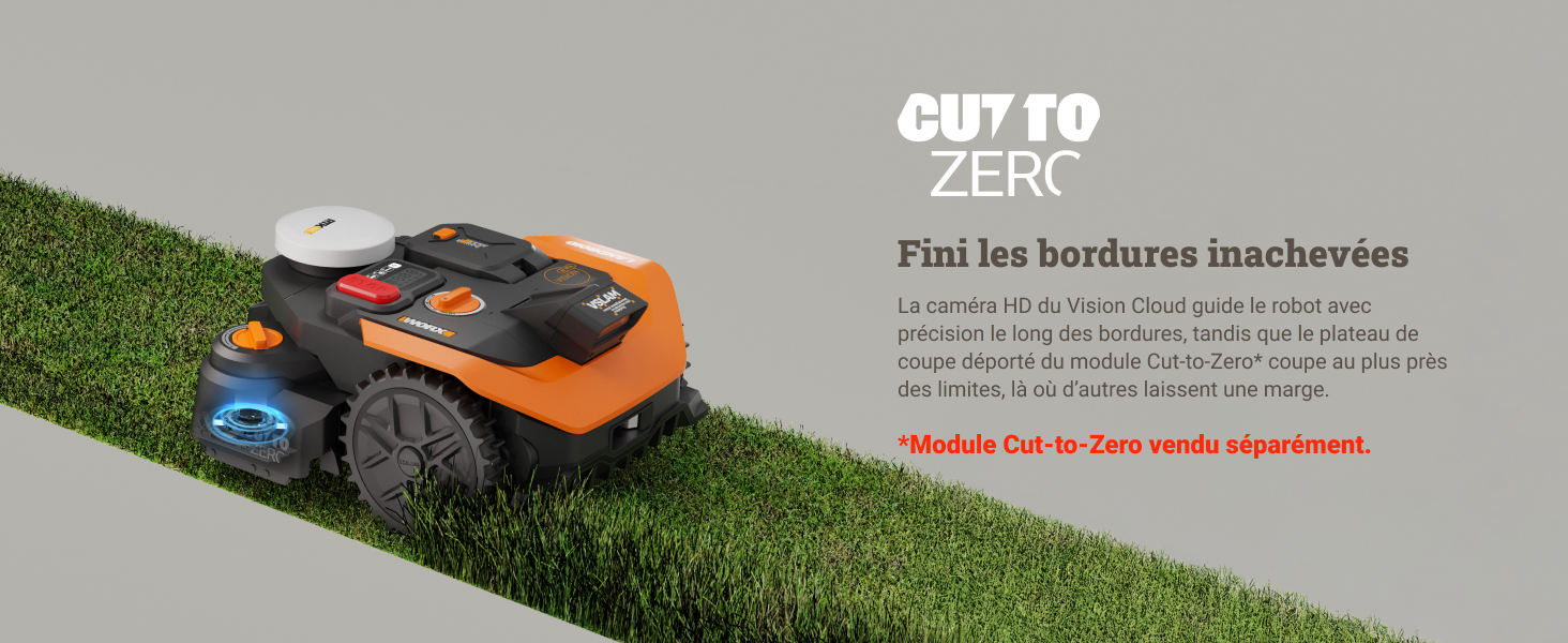 Le texte indique « ZERC ». Tondeuse à gazon robotique orange montrée en action sur l'herbe avec une bannière publicitaire allongée montrant les détails du produit sur fond gris.
